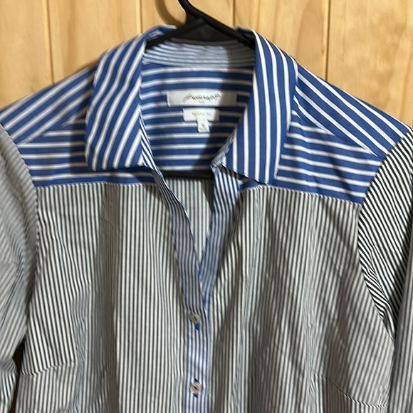 FOXCROFT Wrinkle Free Royal Blue and White Striped Button-Up Shirt - Picture 3 of 4